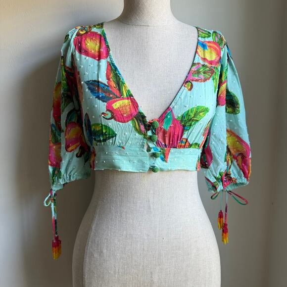 Farm Rio Cropped Blouse Fruit Print Beaded Sleeve Tie Top XS - Picture 2 of 11